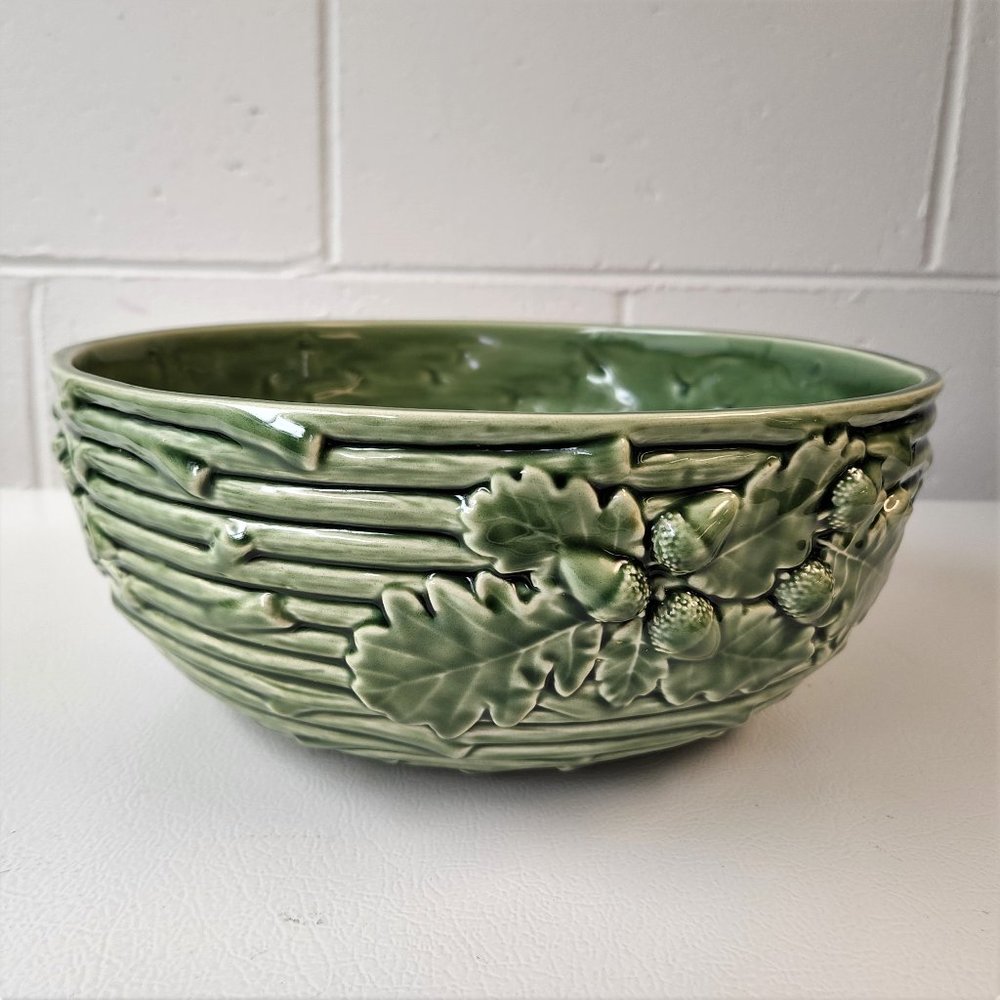 Bordallo Pinheiro 11" Acorn & Oak Leaf Green Majolica Salad Serving Bowl